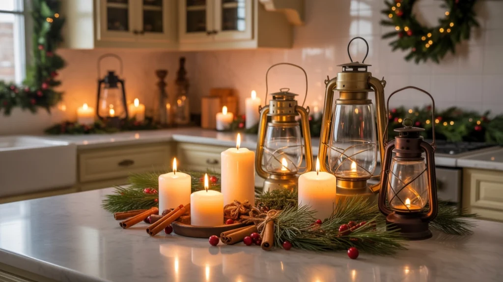 Cozy Christmas kitchen decor with glowing scented candles and lanterns