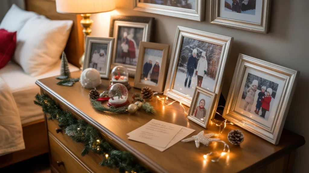 family photos and keepsakes displayed in christmas bedroom creating warm sentimental decor