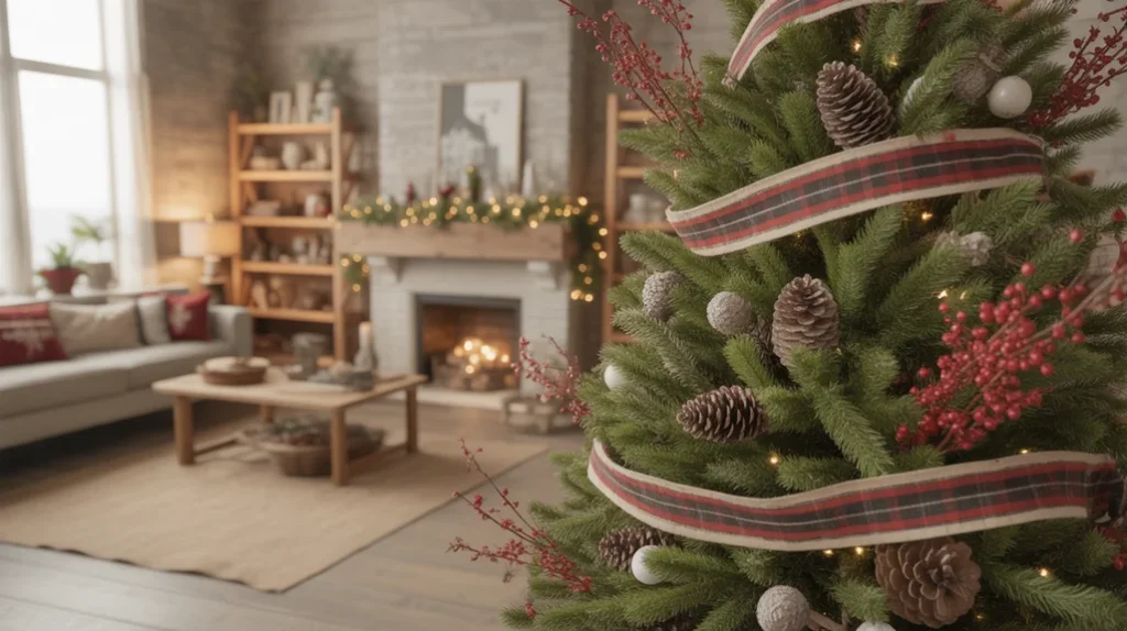 Rustic farmhouse Christmas décor with red berries, pinecones, and plaid ribbon details.