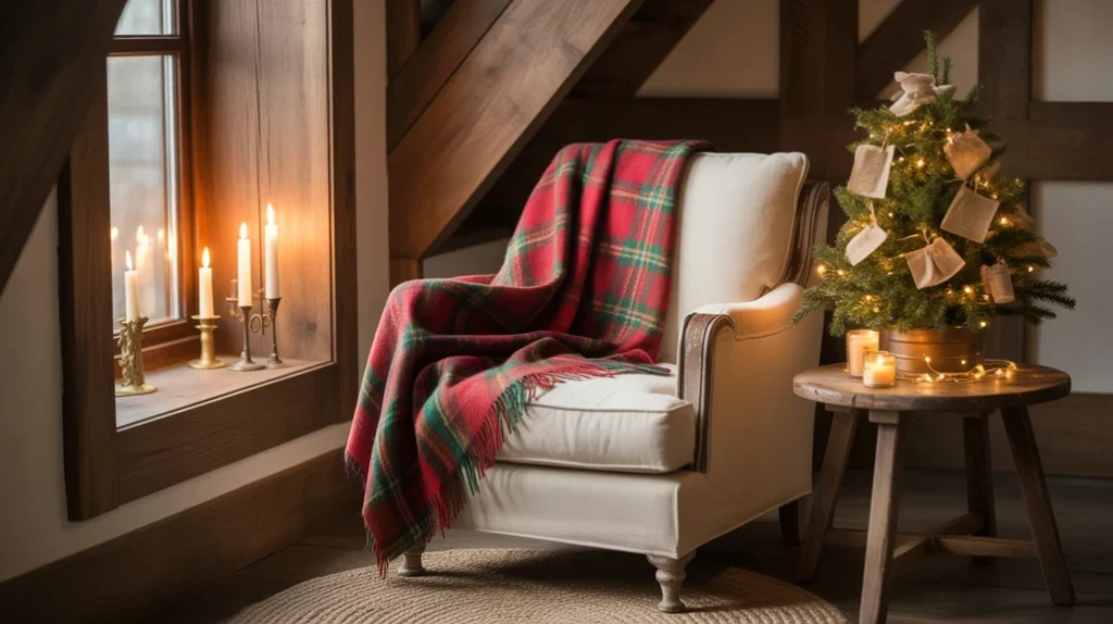 Rustic farmhouse Christmas living room scene with glowing fireplace, garlands, and vintage holiday charm.