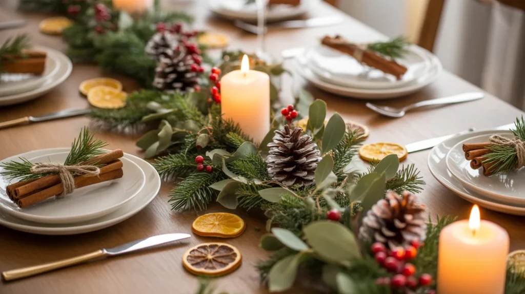 Natural Christmas table décor with scented pinecones, dried citrus, and winter greenery
