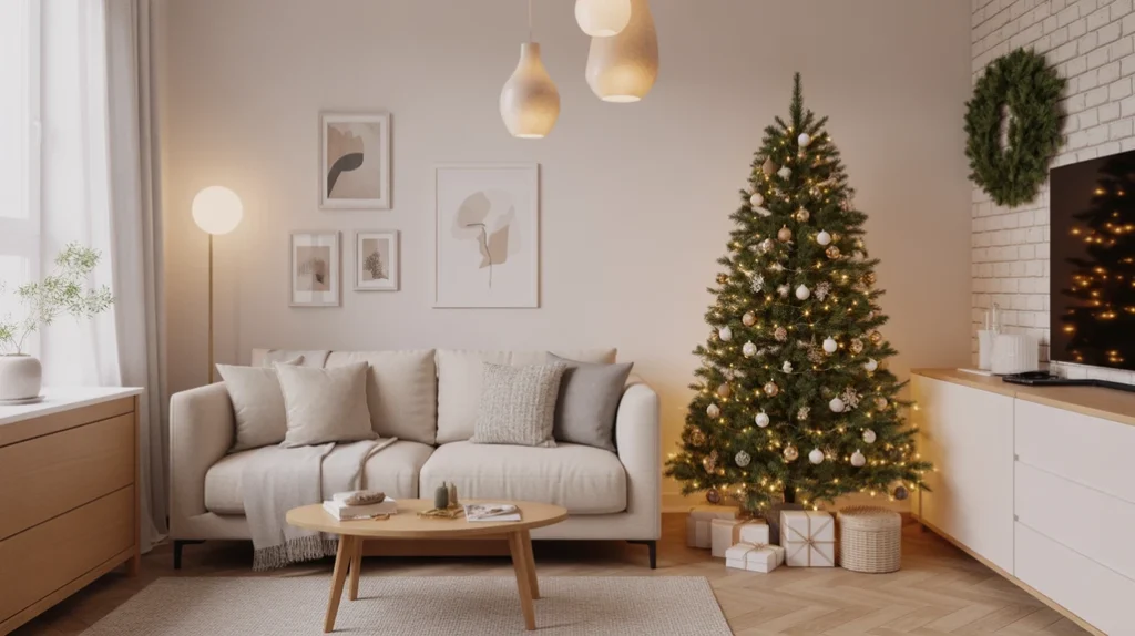 Minimalist Christmas living room design for small apartment — slim tree, soft lights, and uncluttered layout.