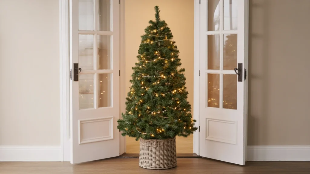 “Slim Christmas tree with warm lights decorating a welcoming holiday entryway”