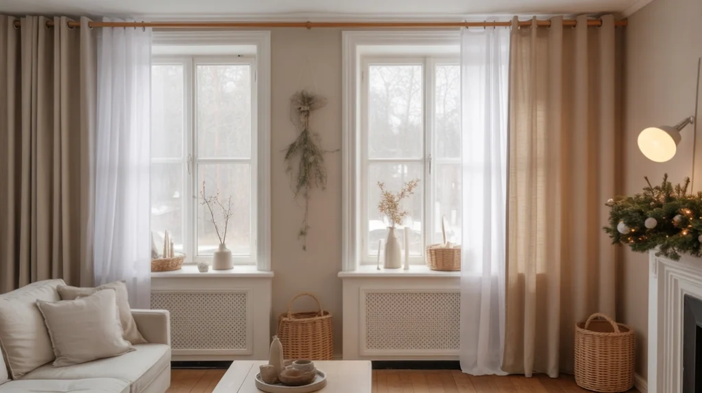 cozy neutral living room with pine garlands, fairy lights, and linen accents