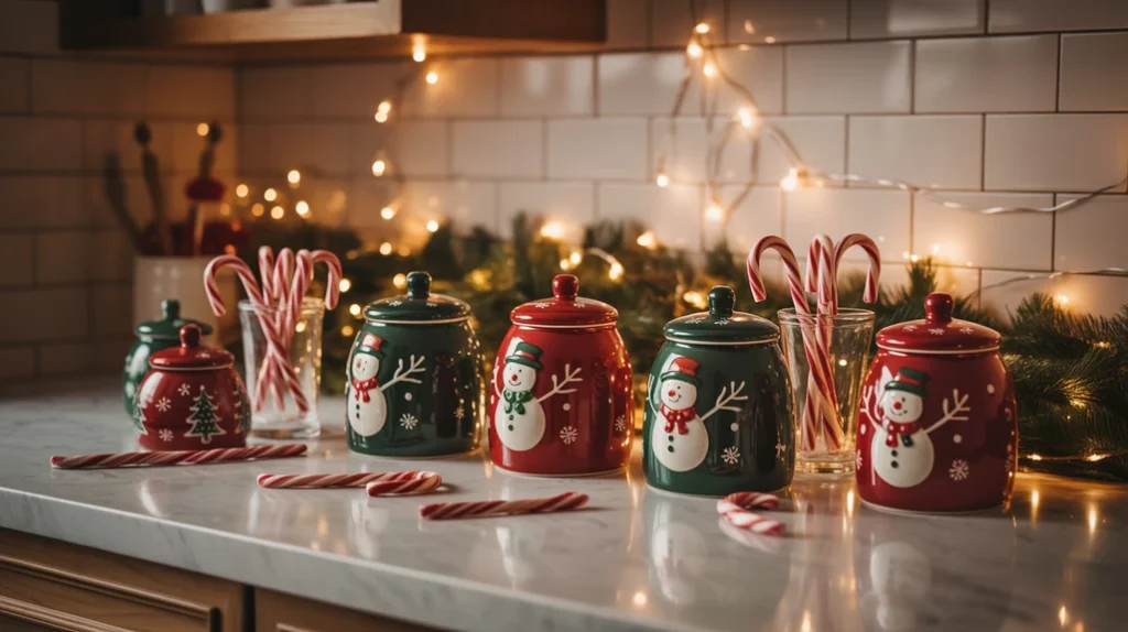 Christmas cookie jars and candy displays adding charm to holiday kitchen