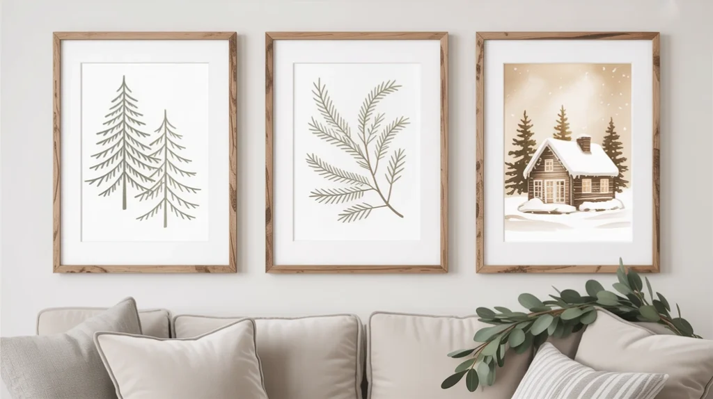 Scandinavian-inspired holiday space with white tree, greenery, and gold details