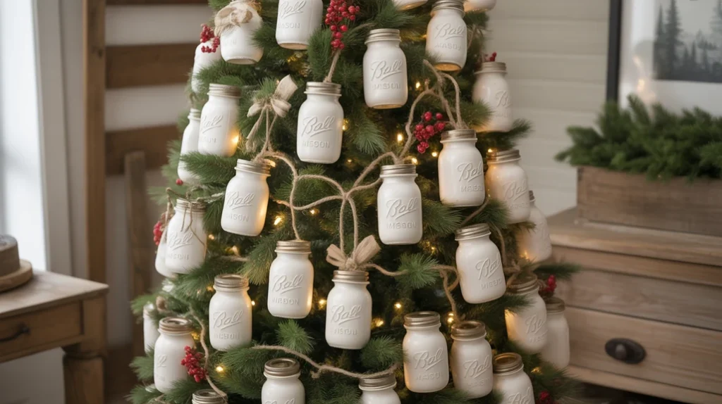 Rustic farmhouse tree with mason jar ornaments, twine bows, and beaded garland accents.