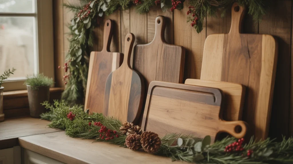 Wooden accents and cutting boards creating rustic Christmas kitchen feel