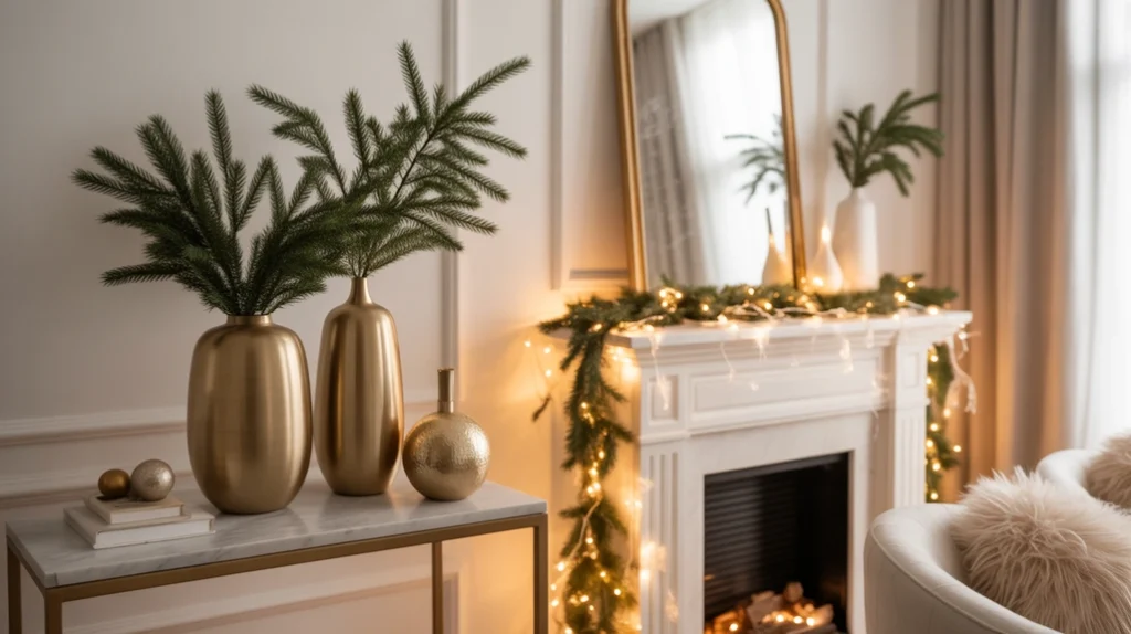 modern farmhouse Christmas decor with natural wood, neutral textiles, and greenery
