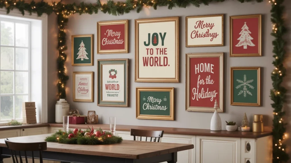 Christmas wall art and framed prints adding festive touch to kitchen walls