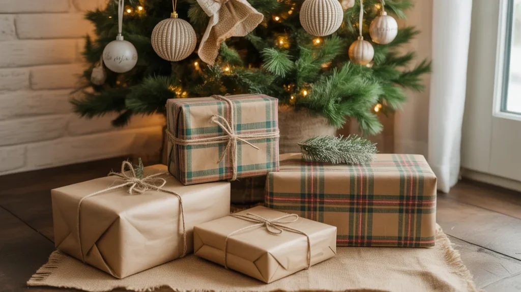 Vintage-inspired farmhouse Christmas décor with fabric-wrapped gifts under a neutral tree.
