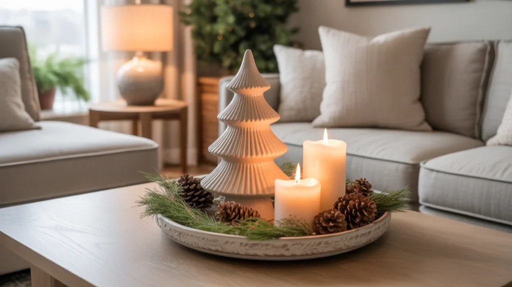 subtle neutral Christmas living room with warm lighting and minimalist accents