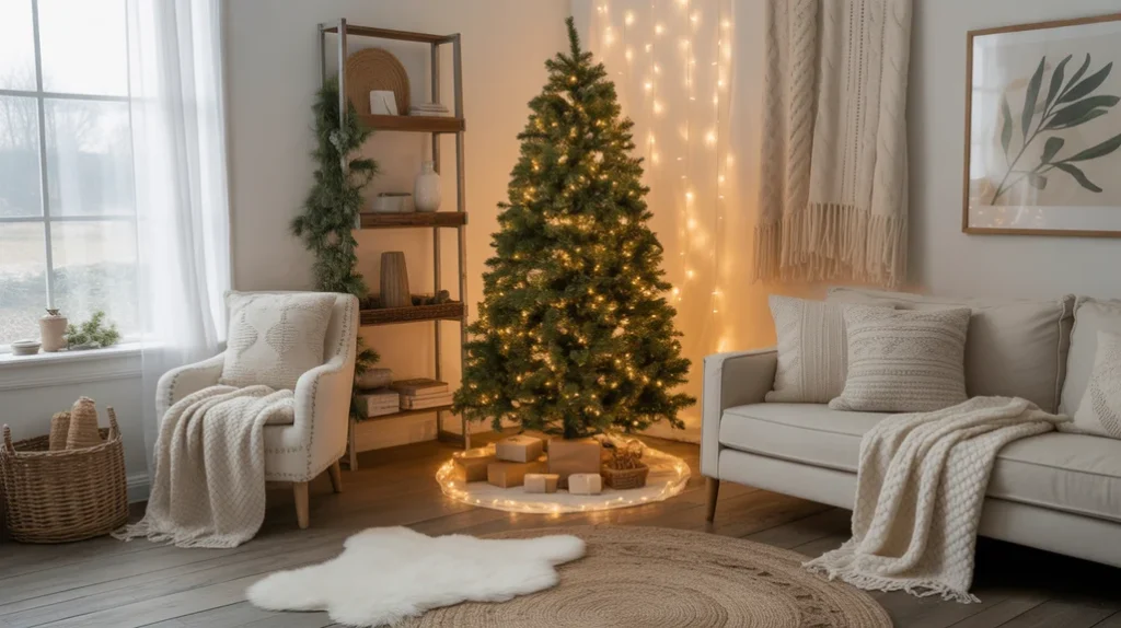 Chunky knit blankets and wool throws around the base of a farmhouse Christmas tree for warmth and texture.