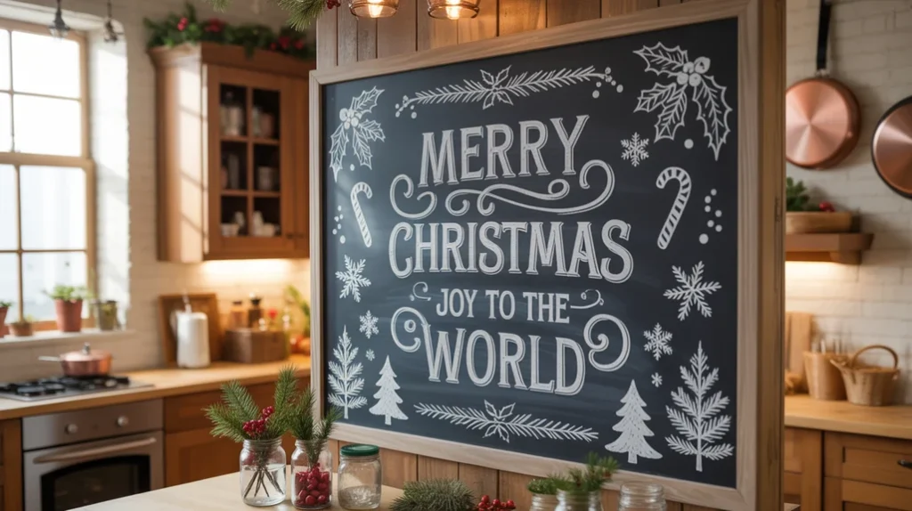 Chalkboard message board with Christmas quotes in cozy holiday kitchen