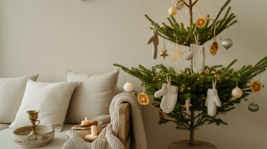 cozy neutral holiday home with layered throws, soft lighting, and natural elements