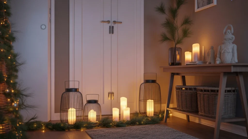 Christmas lanterns adding a warm glow to a cozy holiday hallway