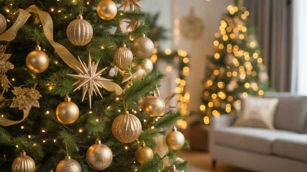 Christmas tree with warm white lights and gold ornaments illuminating living room