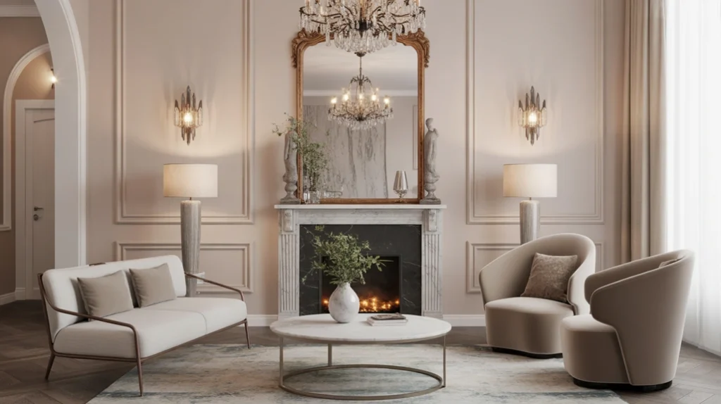 “Vintage and modern blend in a stylish living room interior.”
