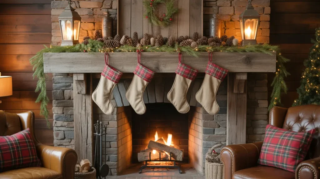 Rustic farmhouse Christmas mantel decorated with pinecones, plaid stockings, and cozy wooden accents