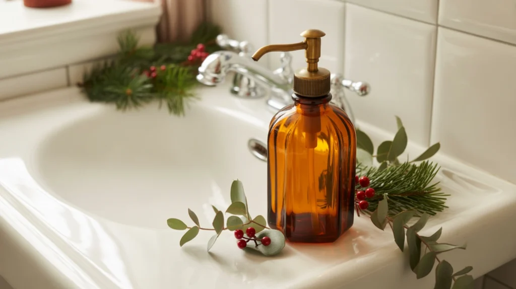 antique-style soap dispenser with holiday greenery adding nostalgic charm to bathroom sink