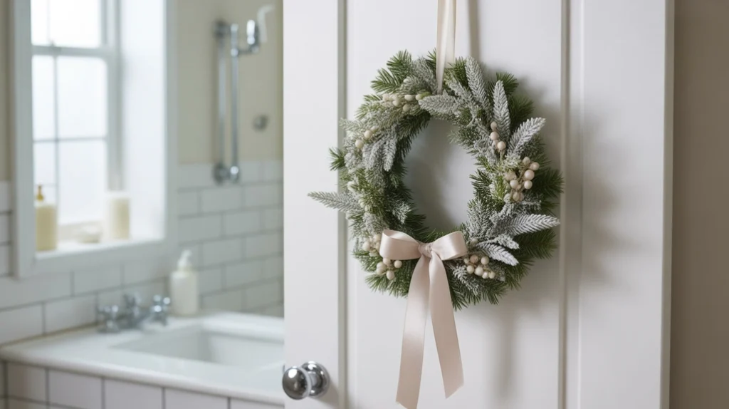 Small Christmas wreath hanging on a bathroom door with frosted greenery and ribbon