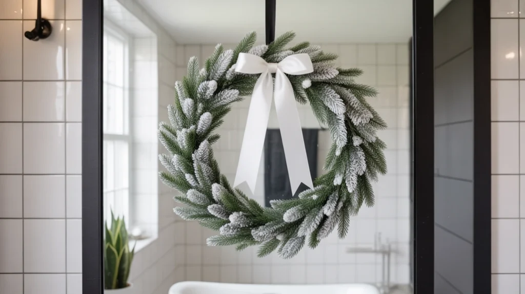 black and white christmas wreath with frosted greenery hanging in a minimalist bathroom