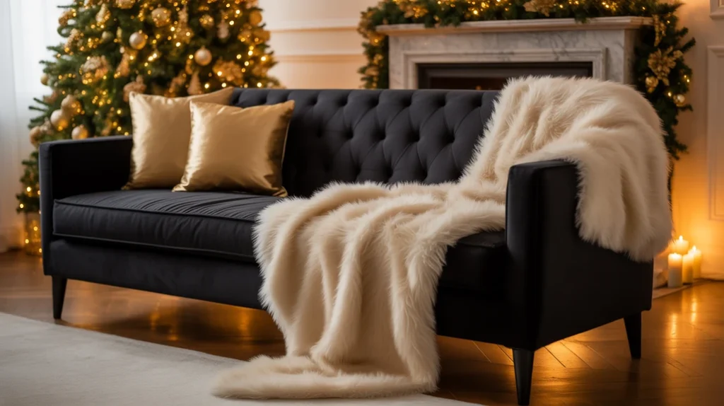 Black velvet sofa with gold cushions and faux fur throw for cozy Christmas living room styling.