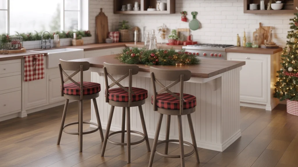 Bar stools with buffalo plaid cushions creating a warm farmhouse Christmas seating area