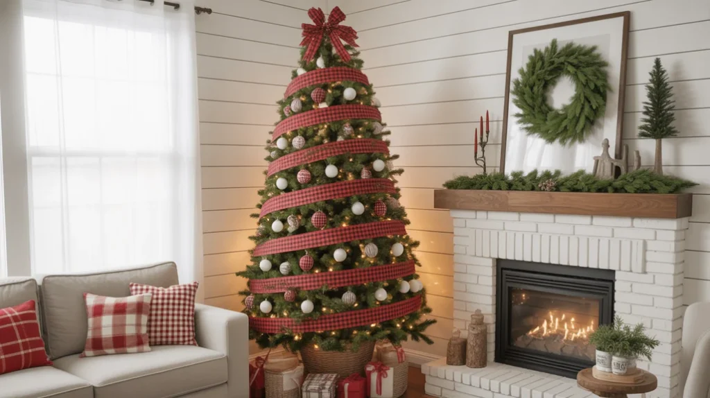 Buffalo plaid Christmas tree decorations for a cozy farmhouse-style holiday.