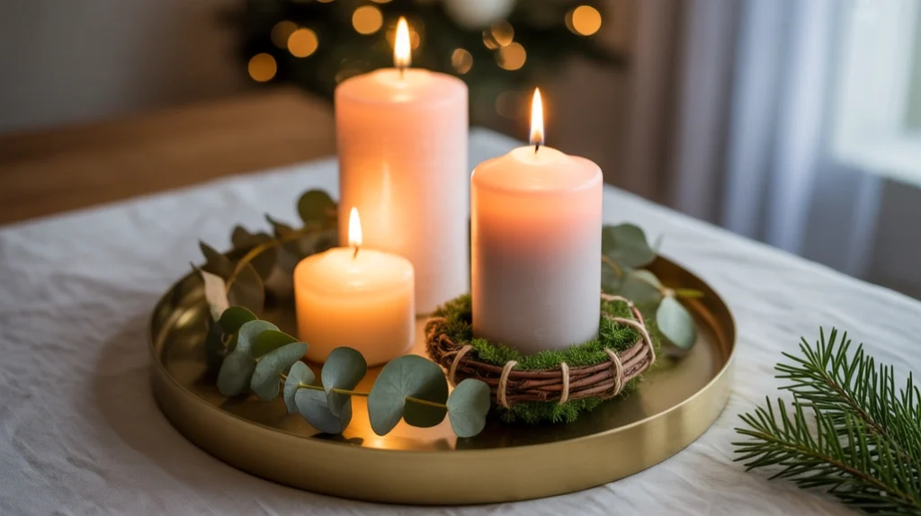 tray with three christmas candles, mini wreath accents, and seasonal greenery for warm holiday glow