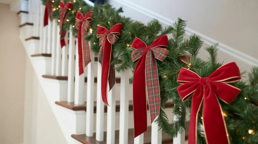 “Cascading ribbon bows tied along staircase garland for elegant Christmas decoration”
