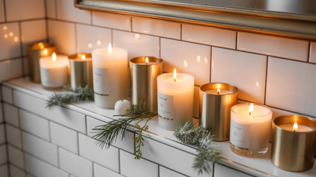 winter scented candles on bathroom shelf with soft holiday lighting and greenery