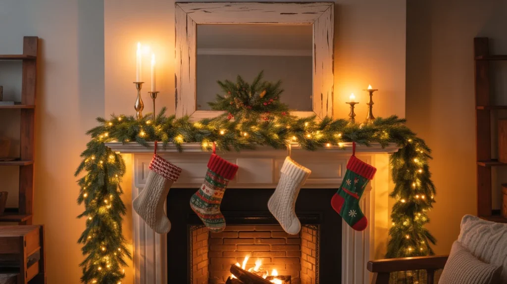 Fireplace mantel decorated with garlands and candles for warm Christmas living room design