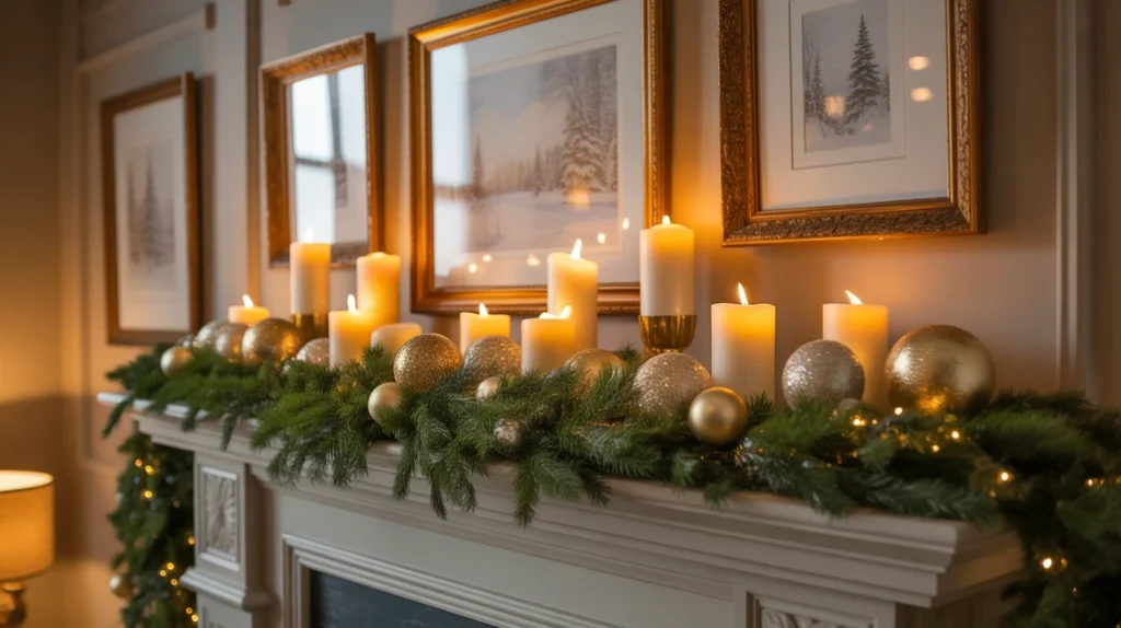 Bedroom mantel styled with garlands, candles, and framed winter prints for a festive Christmas look