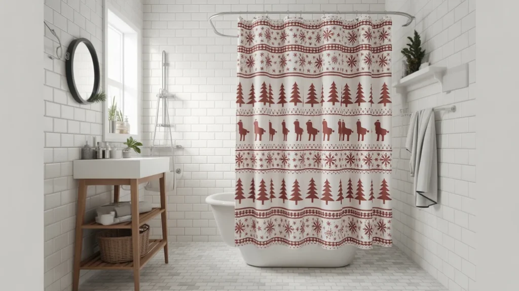 Christmas shower curtain creating a festive backdrop in a tiny bathroom