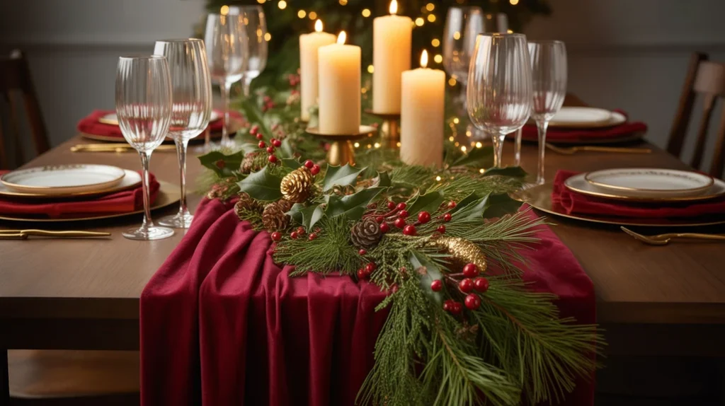 Holiday table runner decorated with greenery, candles, and a festive centerpiece