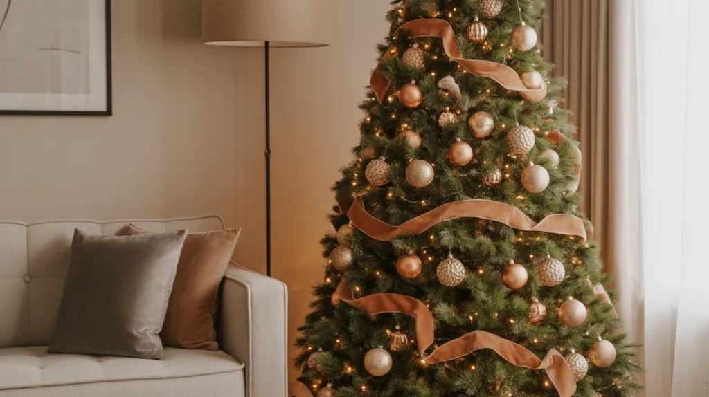 Christmas tree decorated with gold ornaments and warm lights in cozy living room