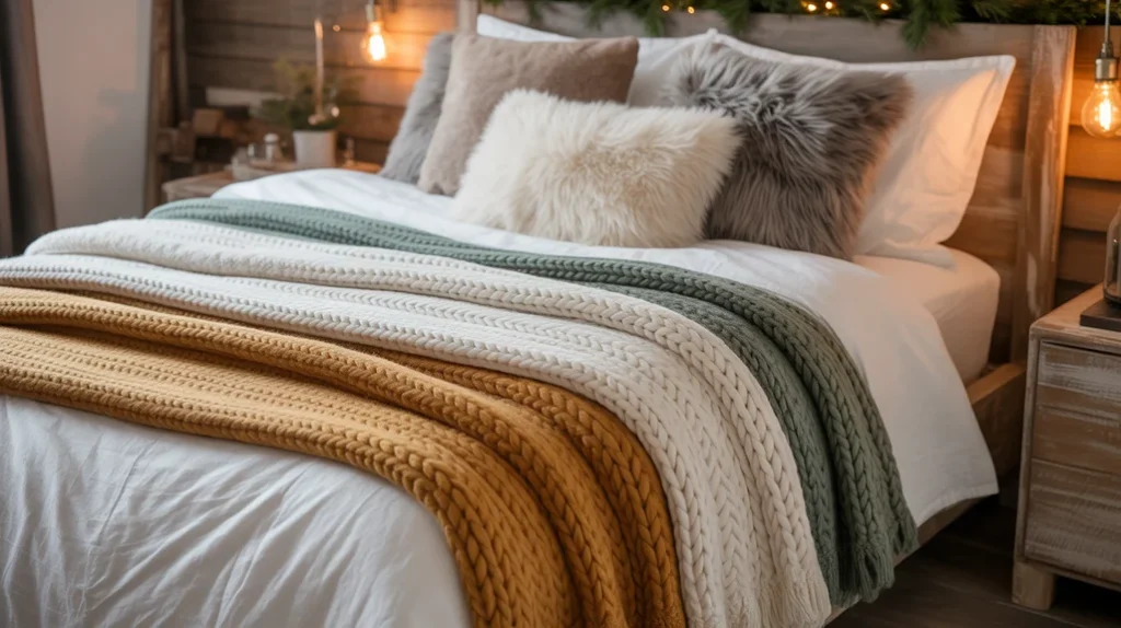 Linen bedding, knitted blankets, and faux fur throws adding cozy texture to modern rustic Christmas bedroom