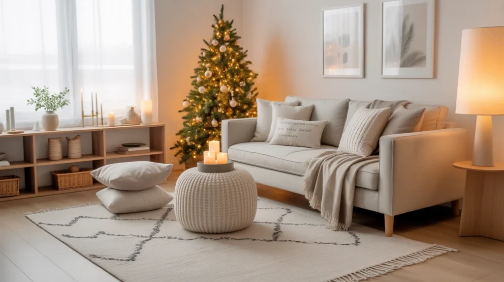 “Scandinavian hygge living room decorated for Christmas with cozy knit textures, soft throws, and neutral minimalist design.”