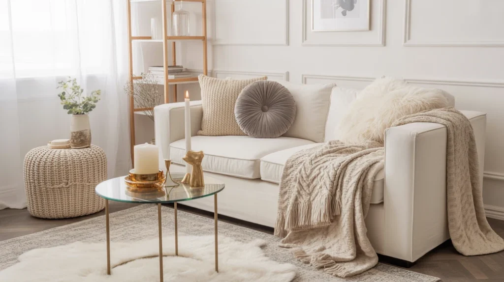 Cozy white textures and soft throws with gold details for a warm and luxurious holiday living room