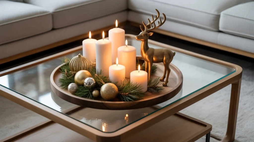 “decorative tray Christmas coffee table styling with candles, ornaments, and pine sprigs”