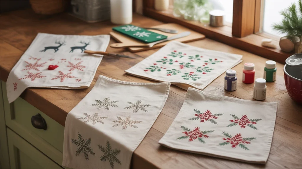 DIY Christmas dish towels with painted holiday designs for low-cost festive kitchen textiles