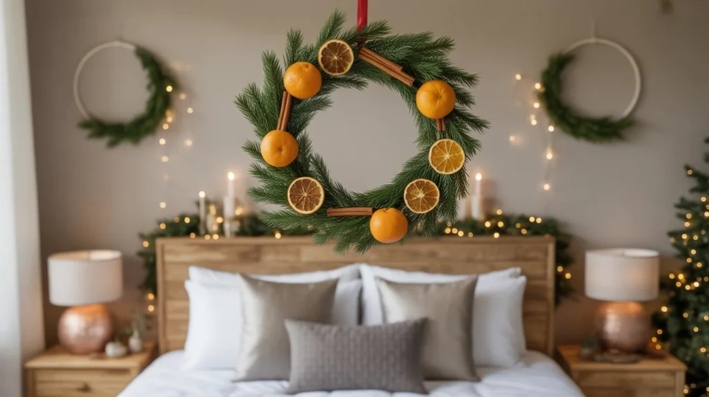 Handmade Christmas wreath with pine leaves, dried oranges, and cinnamon sticks for natural festive wall decor.