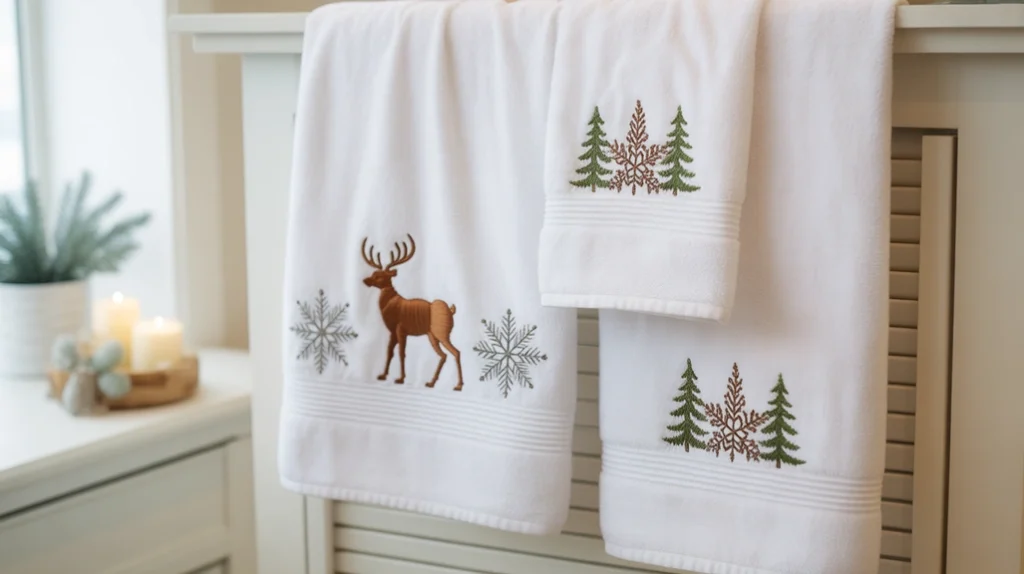embroidered christmas towels with snowflake and reindeer designs for seasonal bathroom décor