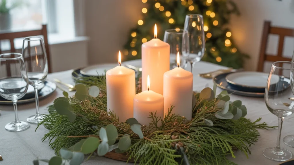 Christmas candle centerpiece with evergreen branches and pine creating a natural festive table decoration.