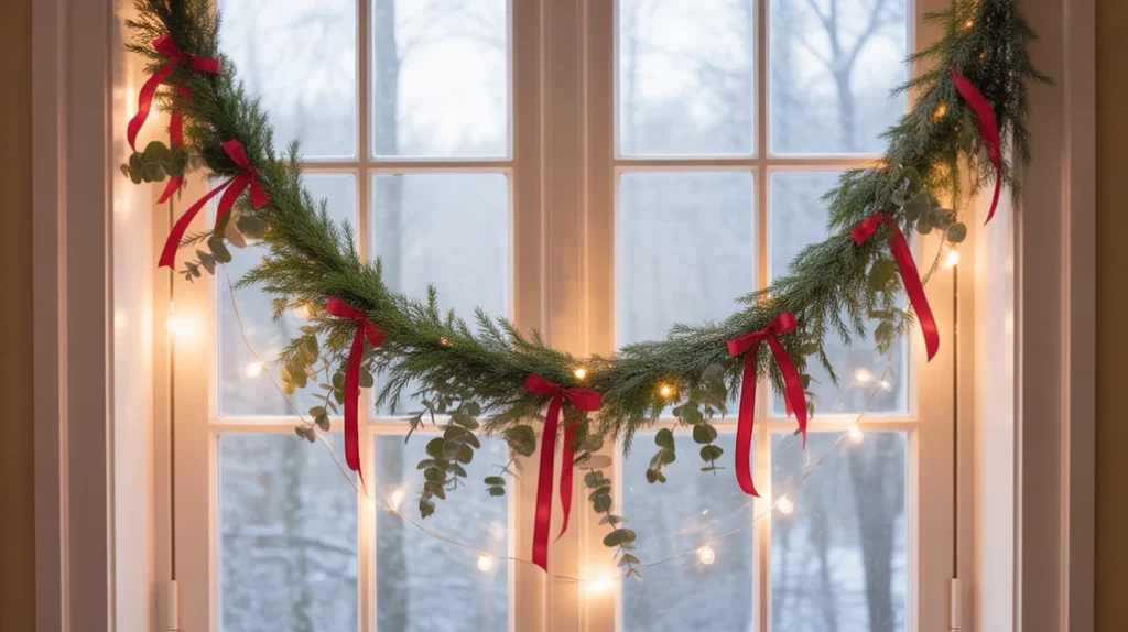 Evergreen pine garlands draped around a window with fairy lights and red ribbons, natural Christmas greenery decor.