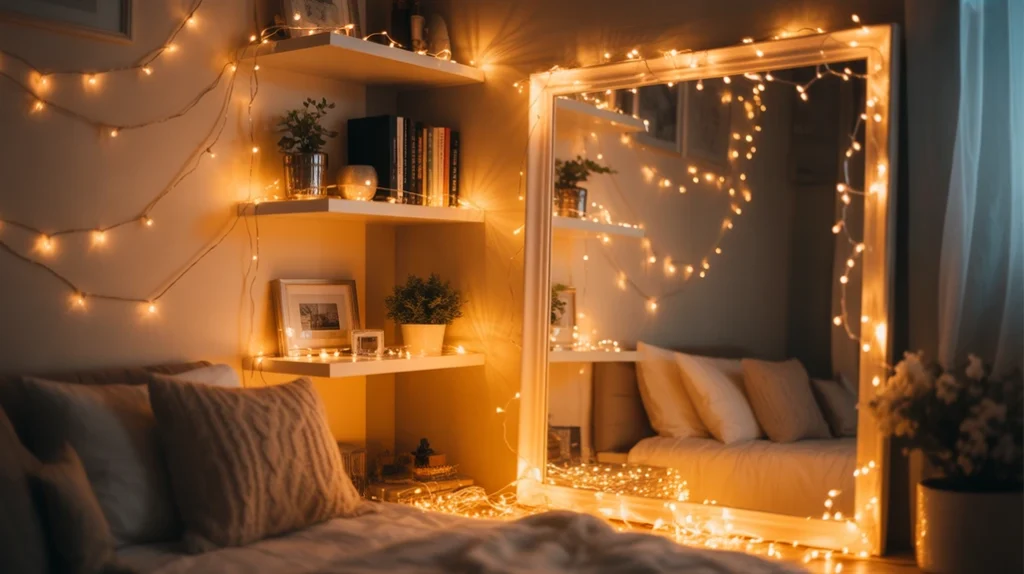 Fairy lights on mirror and shelves adding glow to Christmas bedroom ideas for apartments