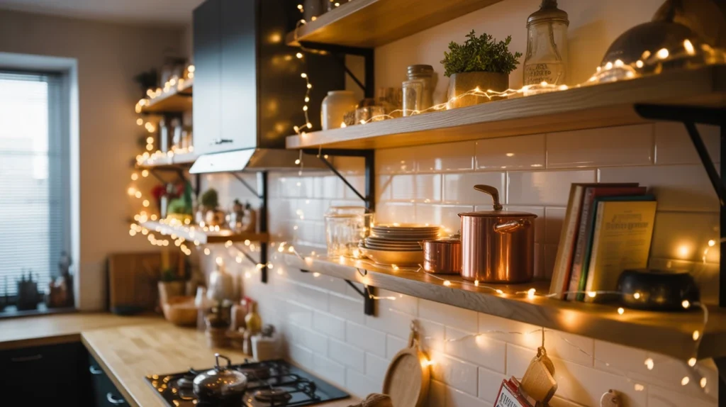Fairy lights draped along open shelves in a small apartment kitchen creating a cozy Christmas glow