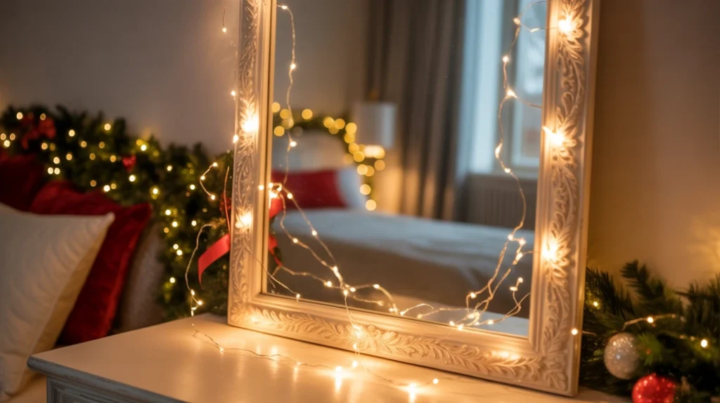 Fairy lights around mirror reflecting soft light in festive holiday bedroom decor