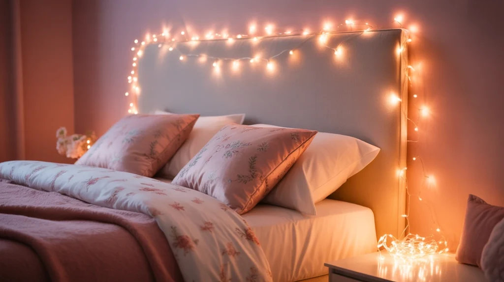 Fairy light Christmas bedroom ideas for girls with soft pink lighting and a warm glow